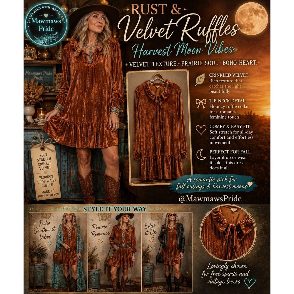 POL Womens Medium  Rust Crinkle Velvet Long Sleeve Tie Neck Ruffle Dress 323